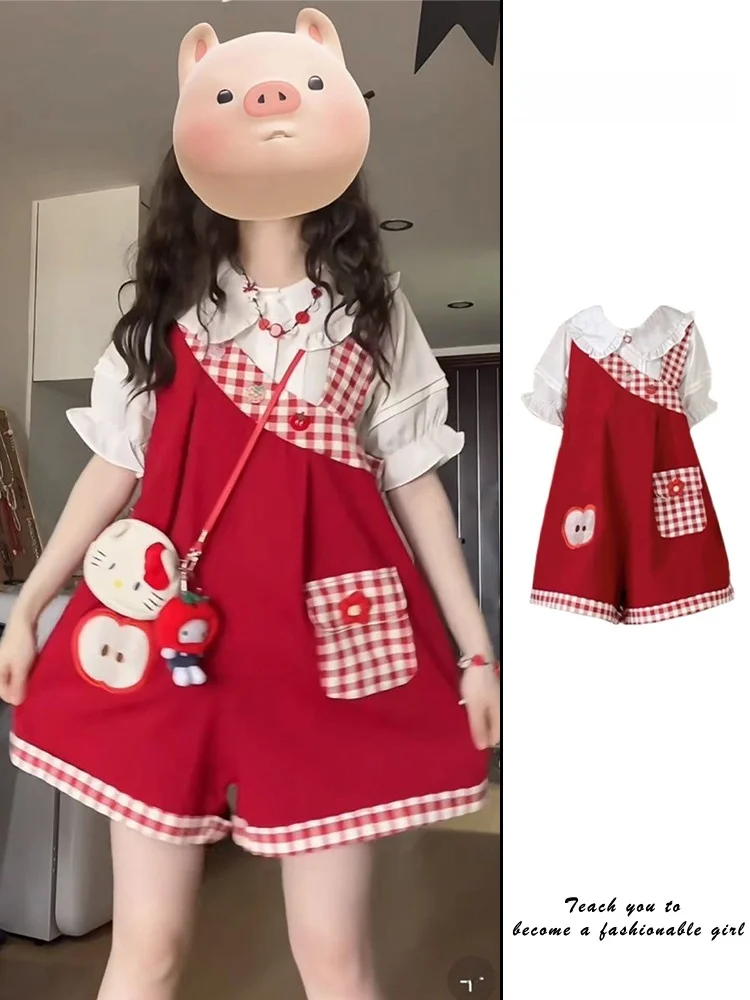 

Комплект брюк-кюлотов в клетку в стиле Лолиты, женский летний японский комплект с милым кукольным воротником, брюки irt ort, студенческий модный наряд