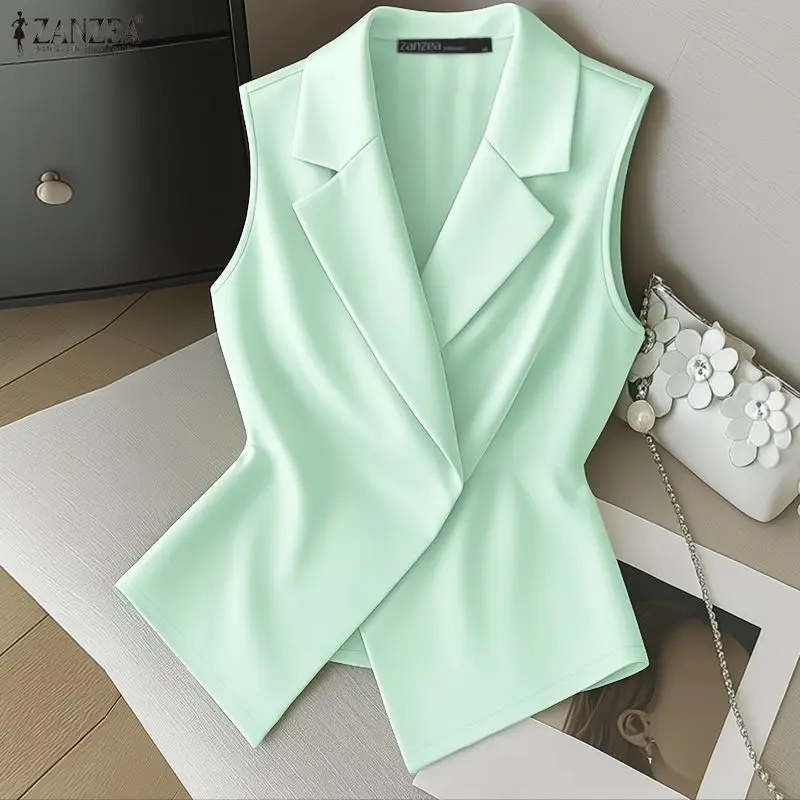 

ZANZEA Women's Fashion Blazer Vests Gossy Satin Lapel Neck Sleeveless Tops Elegant Formal Office Wear Waistcoats Woman Clothes