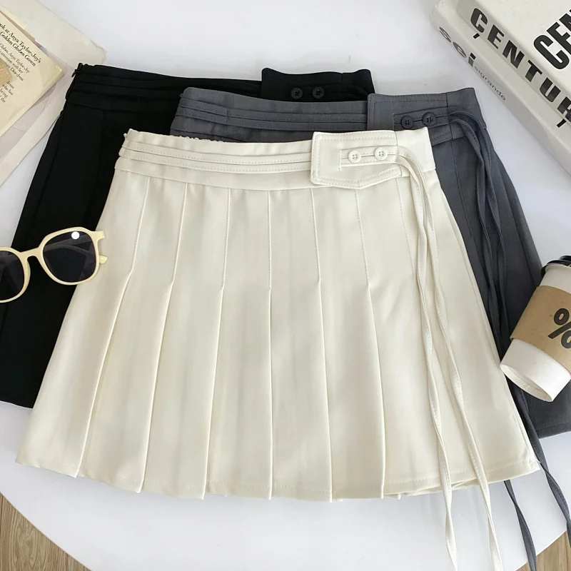 

Весенне-летняя женская юбка А-силуэта с высокой талией, складным дизайном, защитой от просвечивания, в студенческом стиле, средней длины, для повседневной носки