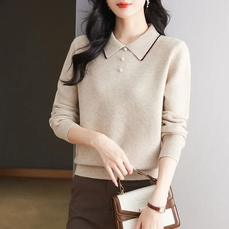 Elegant Middle Aged Women Striped Lapel Knit Sweater Autumn Winter Soft Warm Base Shirt S 3XL
