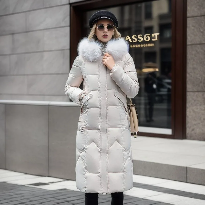 Manteau long en coton pour femme, veste bouffante au-dessus du genou, grand col en fourrure optique, parka à capuche chaude, pardessus en coton,