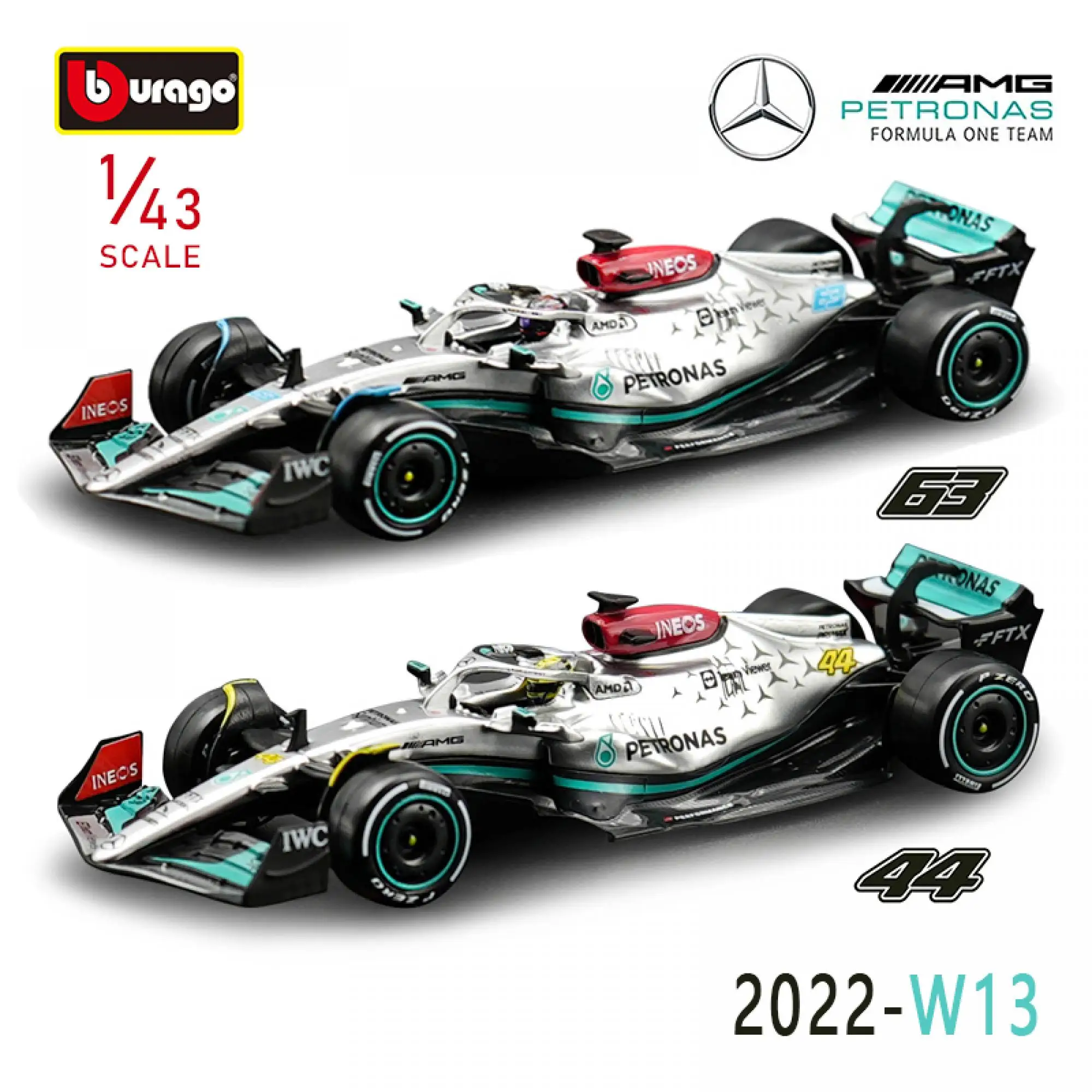 Bburago 1:43 W13 2022 Mercedes Benz F1 Team 44 Hamilton Team 63 Russell Alloy Die Casting Model Racing Vehicle Gift Toy