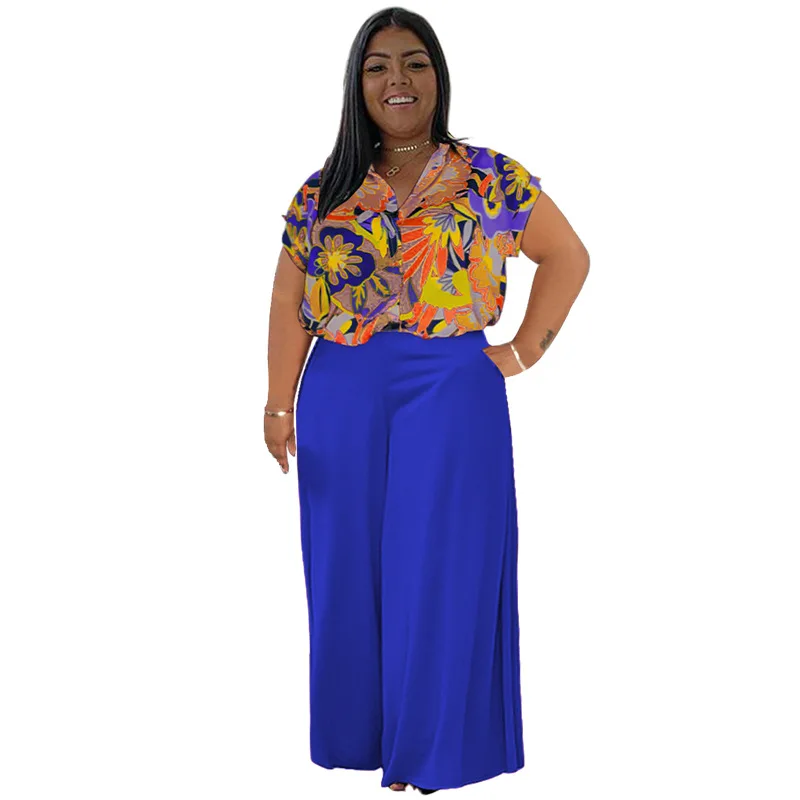 

African Clothes for Women Summer African Women V-neck Short Sleeve Polyester Printing 2 Pieces Top Long Pant Matching Sets