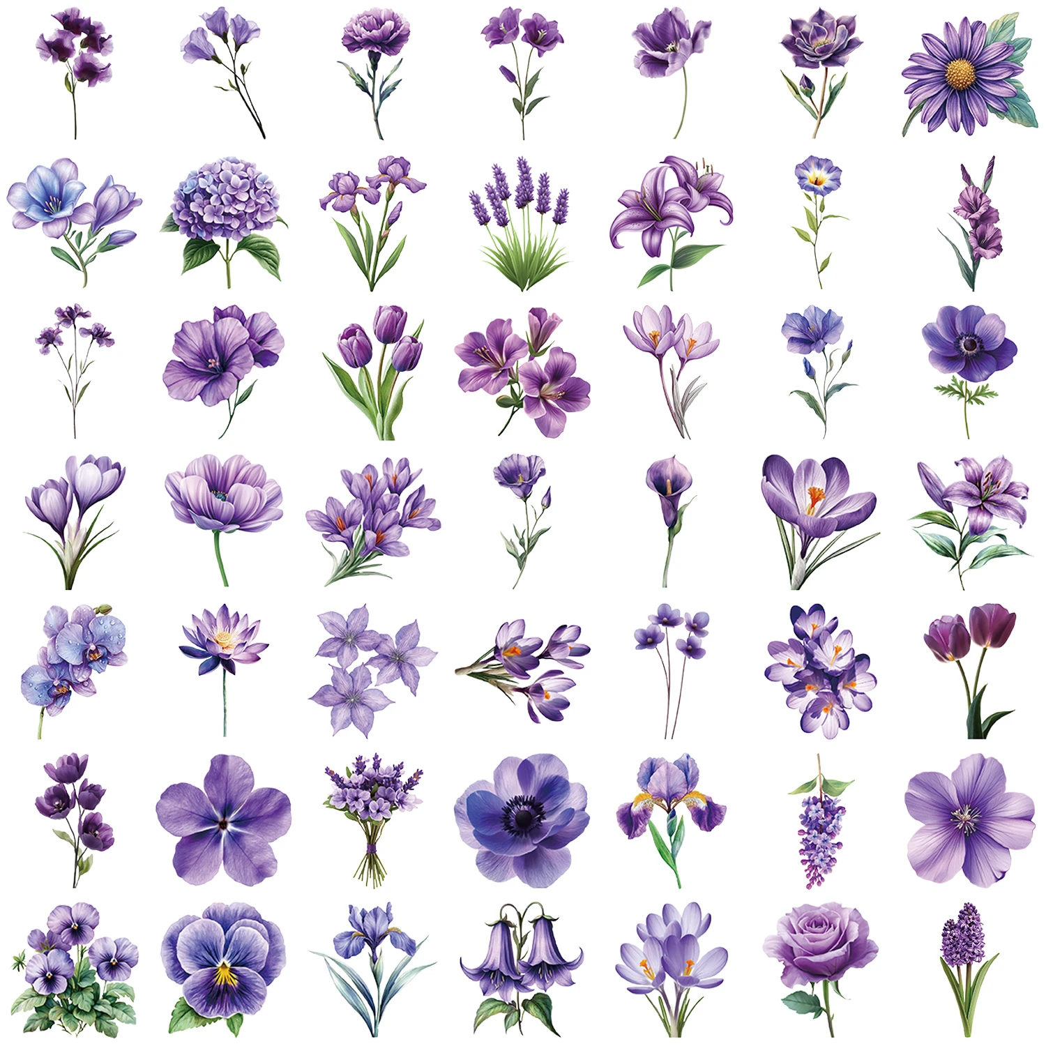 50pcs Waterproof Purple Flowers Stickers Transparent Romantic Art Matte Finish for Laptops Phone Cases Creative DIY Decorative