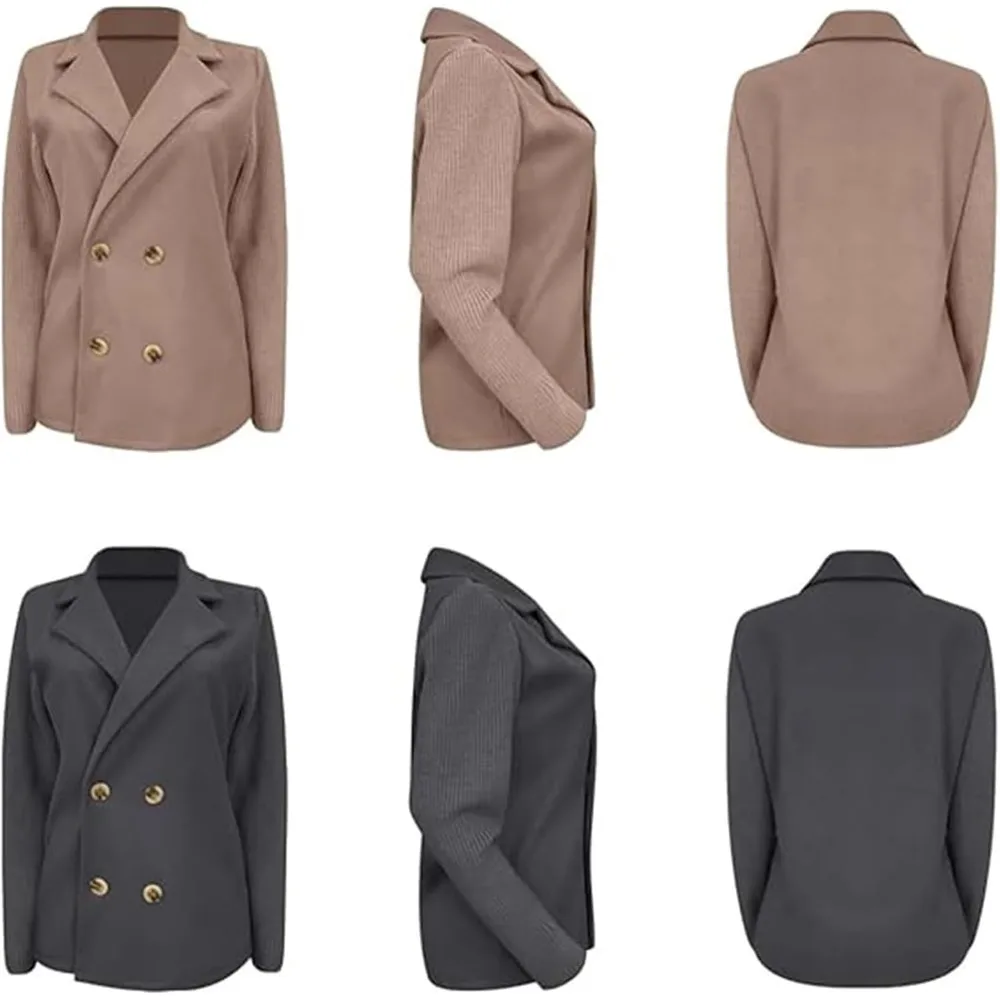 معطف كاجوال بأكمام مرقعة محبوك بأزرار وطية صدر السترة للنساء، معاطف مزدوجة الصدر، سترات شتوية فضفاضة