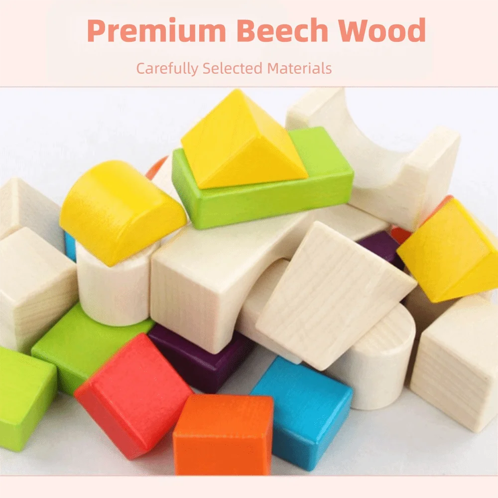 Un set di blocchi di legno in materiale sicuro, bordi lisci, colori vivaci, blocchi colorati, riconoscimento della forma, giocattolo per bambini piccoli