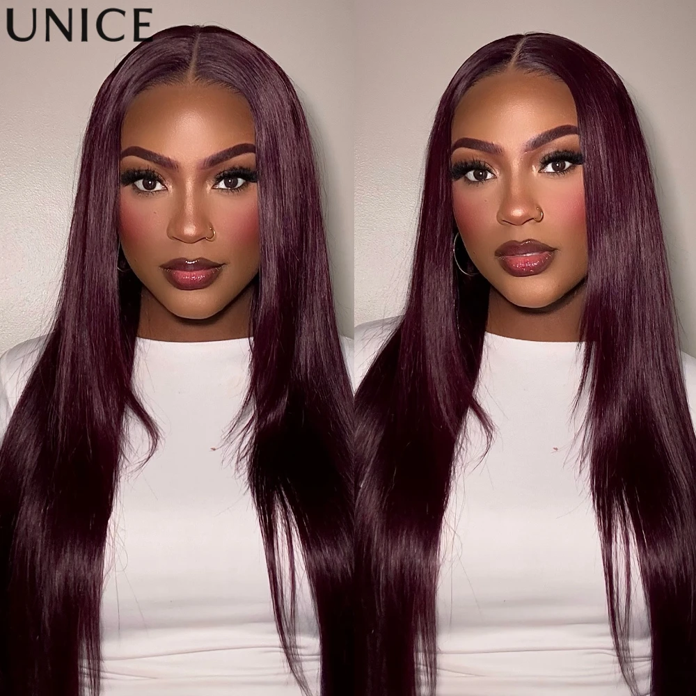 

UNICE Hair Black Cherry Layered Cut Straight Wig 7x5 Pre Cut Pre Bleached Lace Front Human Hair Wig 180% Density