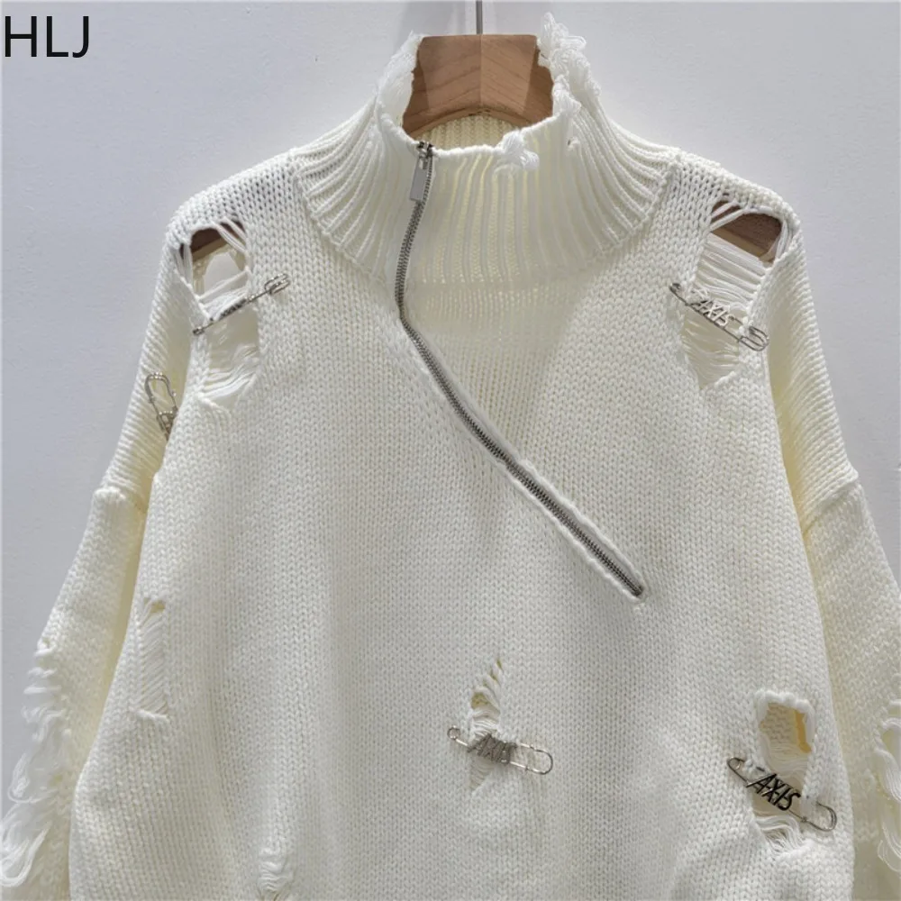 HLJ Winter New Sexy Hollow-out Bodycon Sweater Dresses Woman Long Sleeve Zip Tassel Patchwork Dress Female Streetwear Vestidos