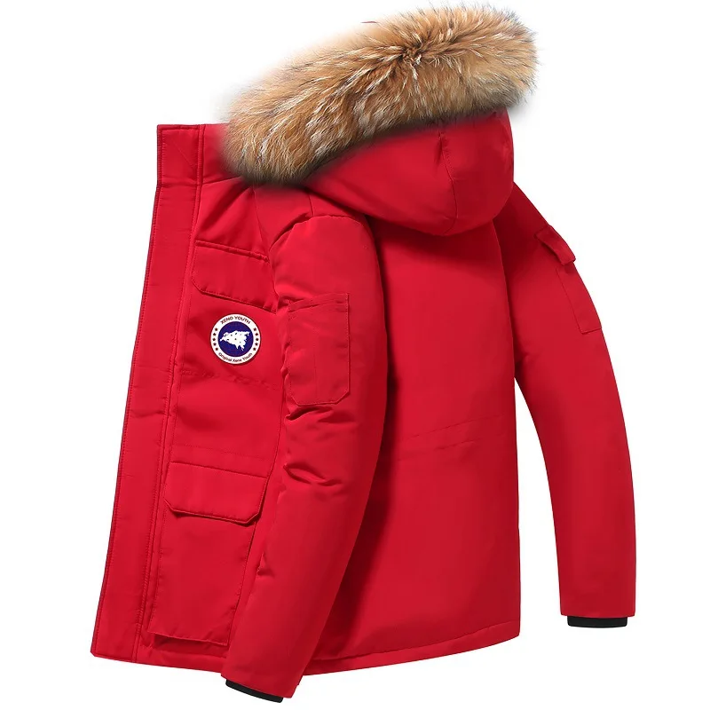 سترة بيضاء بطة أسفل مع طوق كبير من الفراء الراكون ، فريق الحملة التغلب ، أحادية اللون ، الرجال والنساء