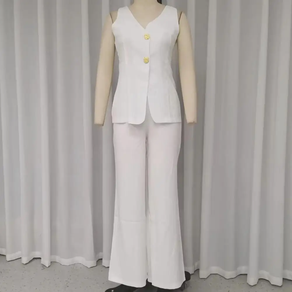 

Women Slim Suit Elegant Business Suit Set with V Neck Top Wide Leg Trousers Formal Office