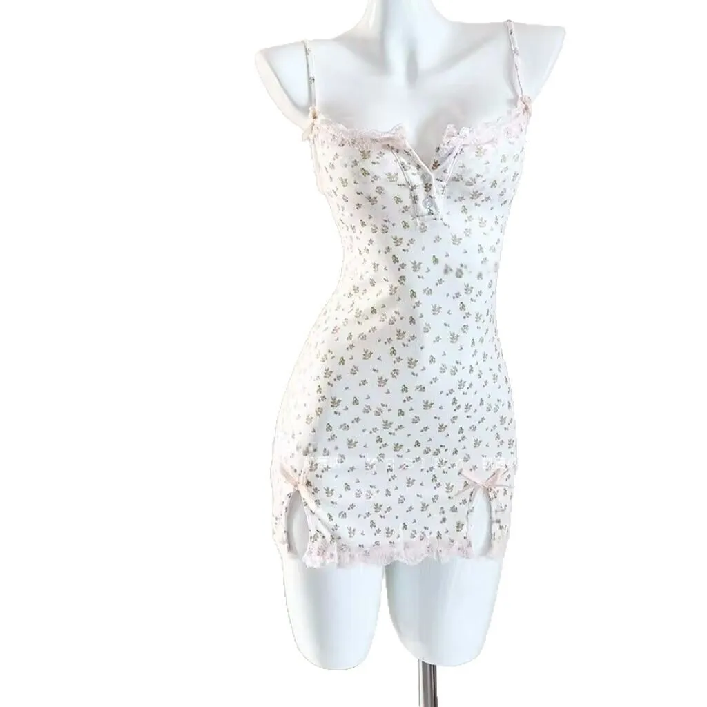 

Pure Desire Floral Modal Sexy Suspender Hip Lace Short Nightdress with Chest Pad Loungewear Women Cw91272