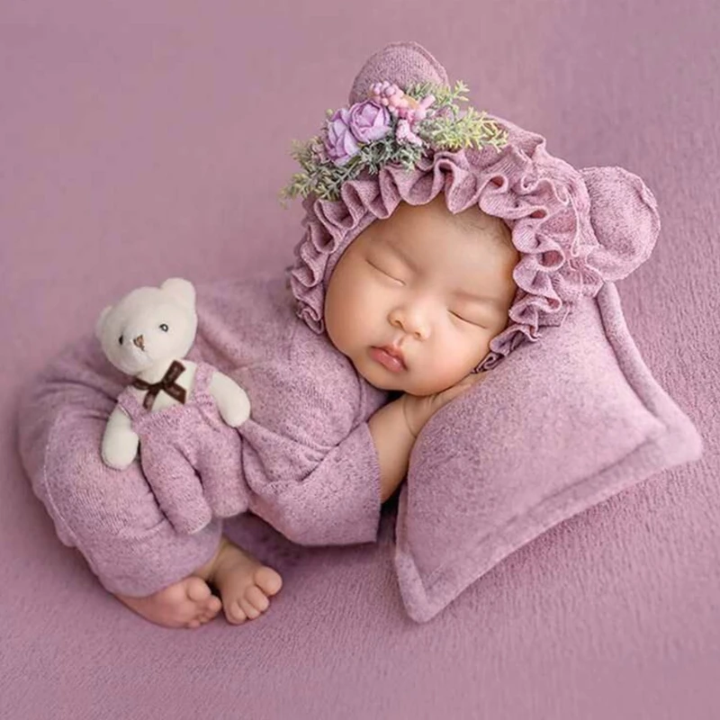 4PCS Clothing Set 0-6 Months Newborn Baby Boy Bear Long Sleeve Romper+Hat+Pillow +Doll Infant Baby Full Moon Photography Outfits