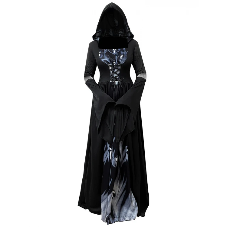 Halloween Hexe Dr mit Kapuze Skelett Hexe Lang Dr Performance Kostüm Bühnenoutfit Traditionelle Damenbekleidung