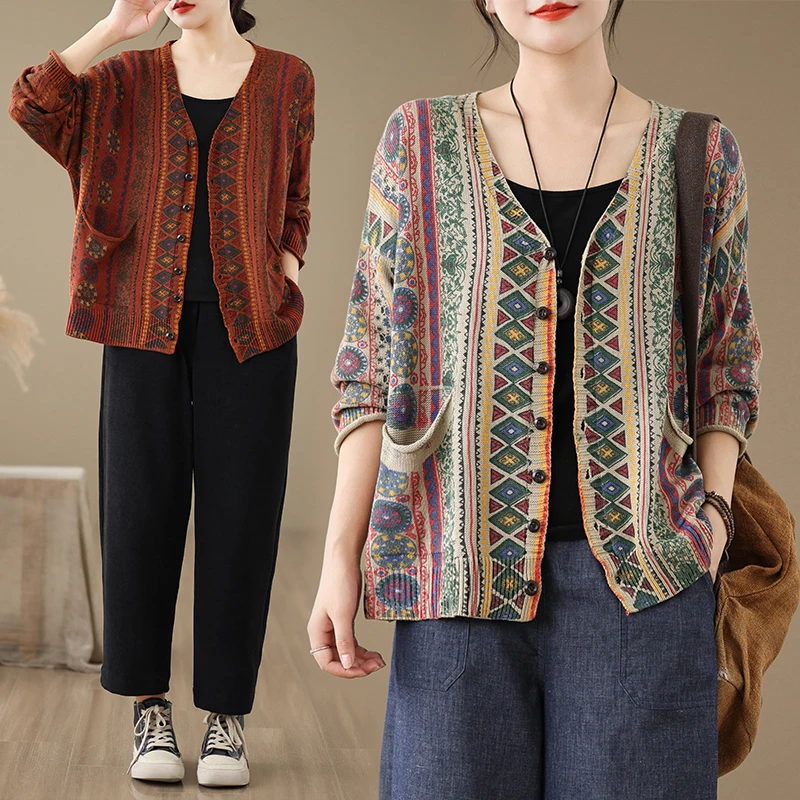 

Длинный вязаный открытый кардиган с этническим принтом, большие размеры, женская повседневная верхняя одежда с v-образным вырезом для мамы, осень