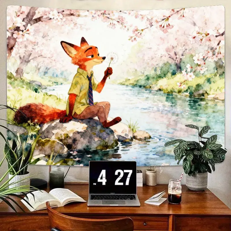 

1 шт. Zootopia Nick Wilde Fox акварельный гобелен вишневый цветок река эстетическое настенное искусство полиэстер общежитие декор для спальни подарок