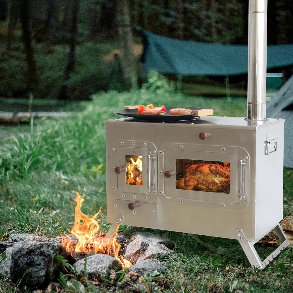 New Design Stove Stainless Steel Thermal Tent Stove Burn Wood with Large Firebox and Side Window for Cooking Heating Thermometer