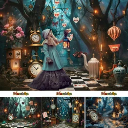 Alice Wonderland Birthday Party Background Girls Forest Night Tea Party Backdrop Clock Poker Floor Decoration Children Photocall