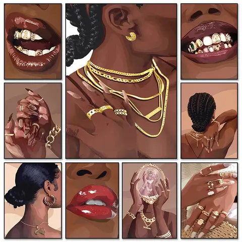 Modern African Black Female Portrait Nail Lips Posters Figure Art Canvas Painting and Prints Wall Art Pictures Home Room Decor