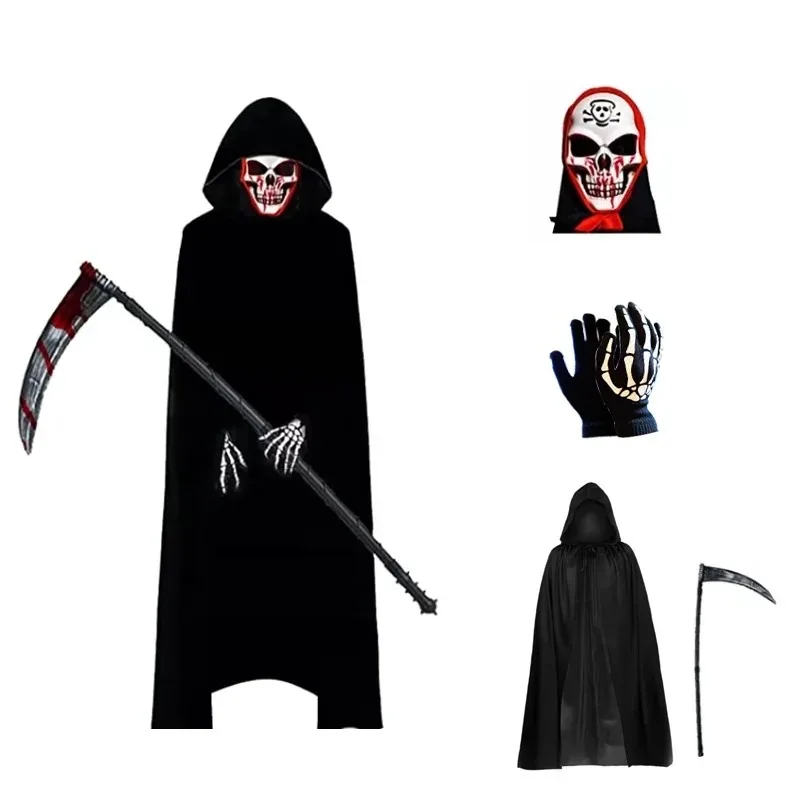 2024 New Children's Ghost Halloween Role-play Costume with Red Skull Cape and Scythe Creepy Vampire Mask