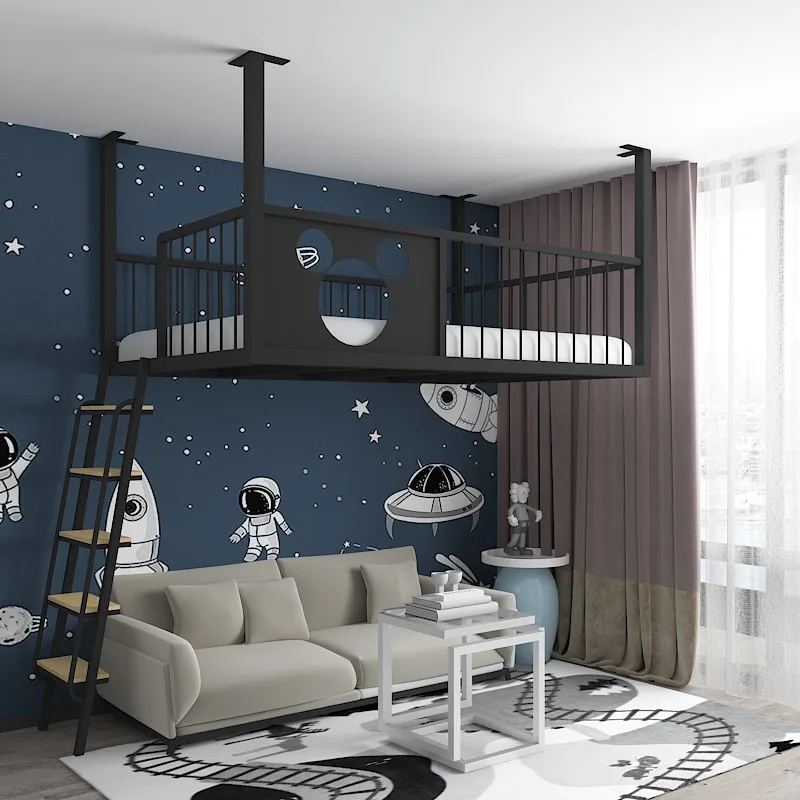 Provincial space loft bed, modern iron art elevated bed, upper and lower floors, simple and small unit hanging wall bed frame