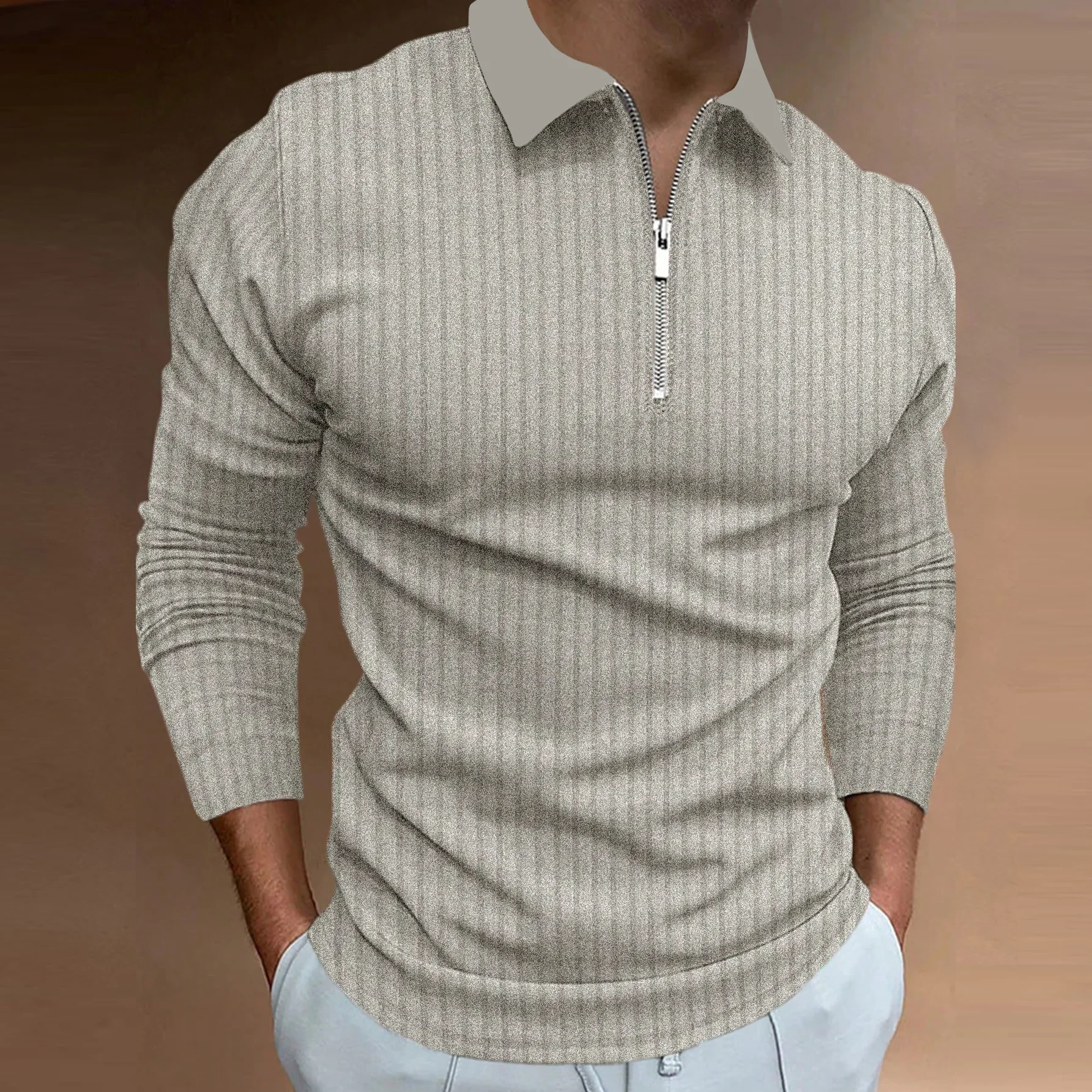 

Men's Spring and Autumn New Fashion Sports Fitness Casual Stand Collar Stretch Vertical Long Sleeve Zipper POLO Top