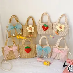 Handmade Woven Straw Bag para Meninas, Coin Purse, Mesh Bow, Beach Bags, Zipper Storage Basket, Photo Props, Verão