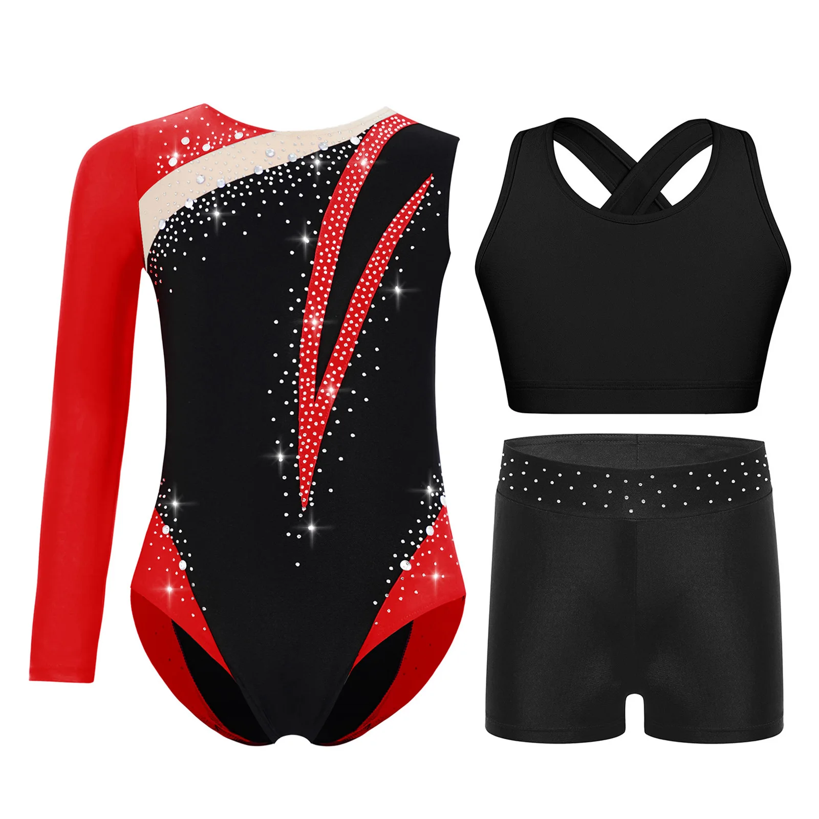 

Kids Girls Gymnastics Figure Skating Dance Outfit Shiny Rhinestones Color Block Asymmetrical Leotard Bodysuit+Shorts+Headwear