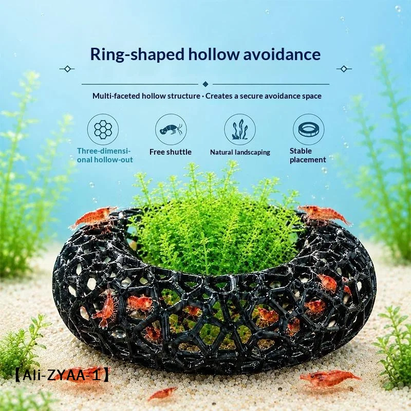 【A】3D-gedruckter ringförmiger Garnelen-Unterschlupf für Aquarien, mehrfach facettierte Hohlhöhle mit Pflanzfunktion, Aquarien-Ornamente