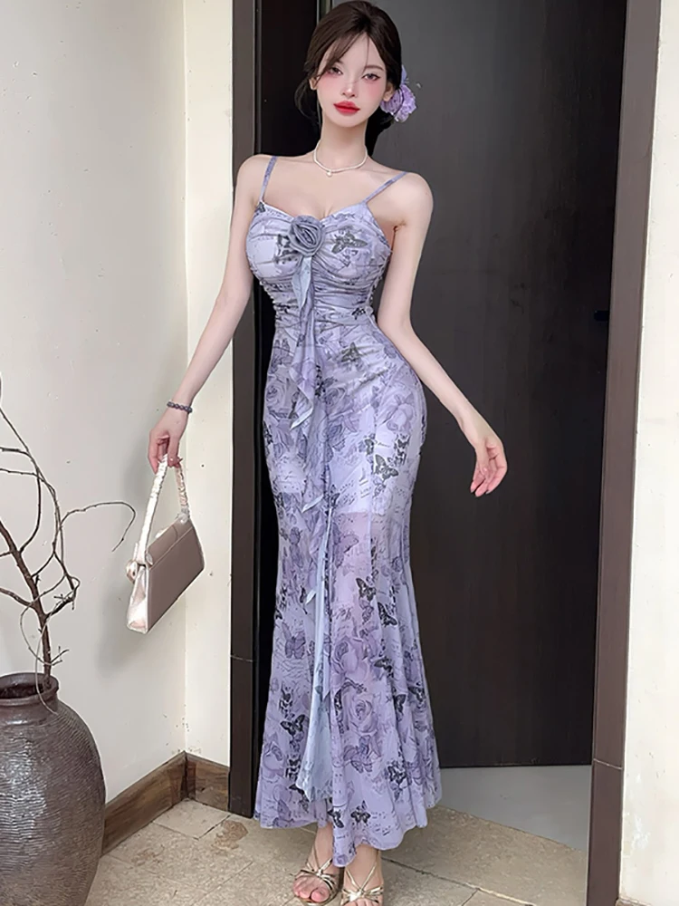 Women Green Floral Mesh Pleated Bodycon Sling Long Dress Summer Elegant Ruffled Luxury Evening Dress 2025 Korean Fesitval Dress