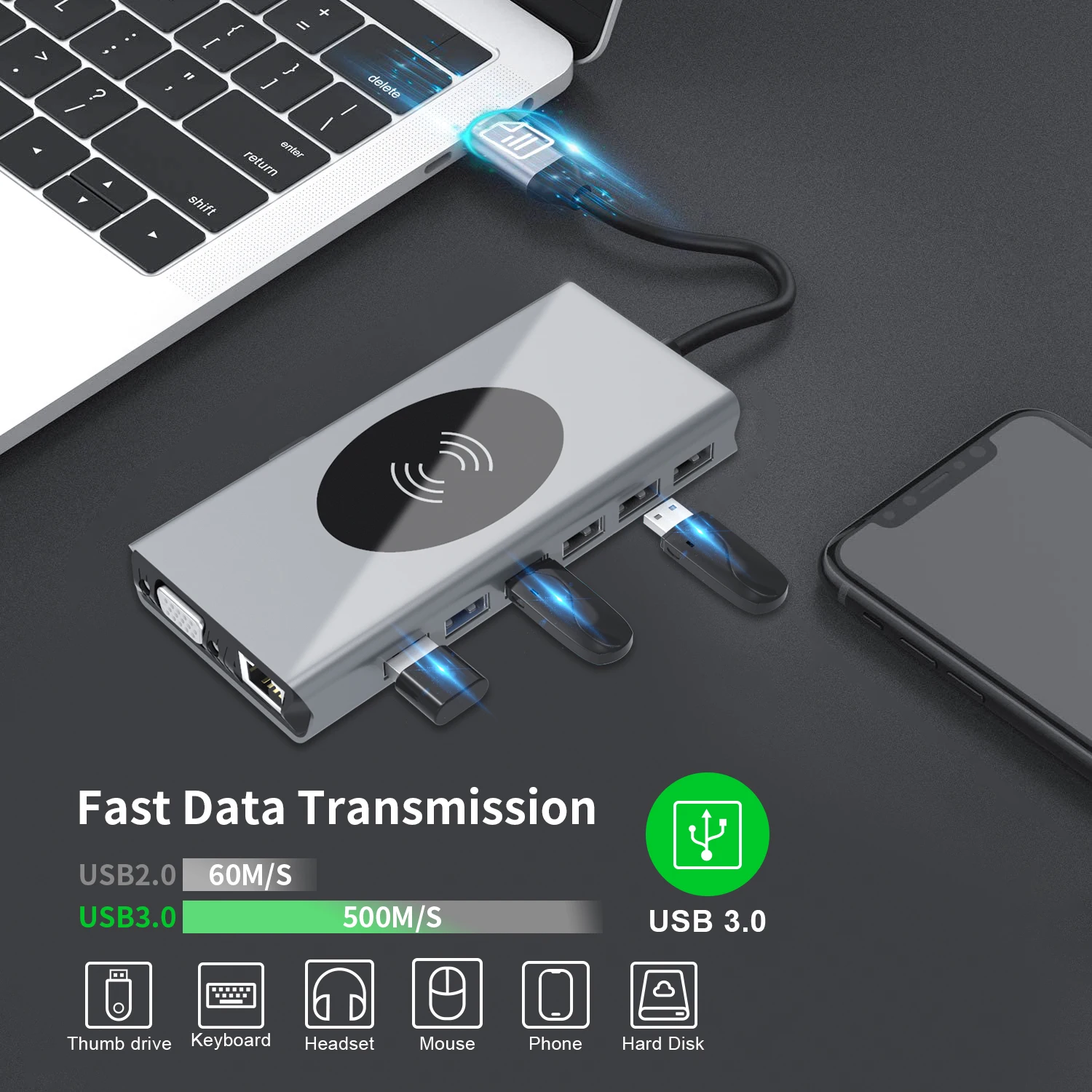 15 in 1 Type C Multiport Dock Aluminum USB C Hub 4K HDMI VGA RJ45 PD Fast Charging Wireless Charger Adapter For Laptop
