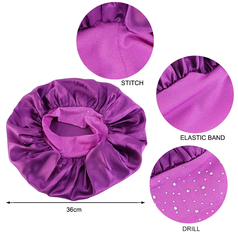 New Women Satin Night Sleep Cap Hair Bonnet Hat reathable Fabric Rhinestone Women Sleeping Hat for Travel Thick Shower Cap