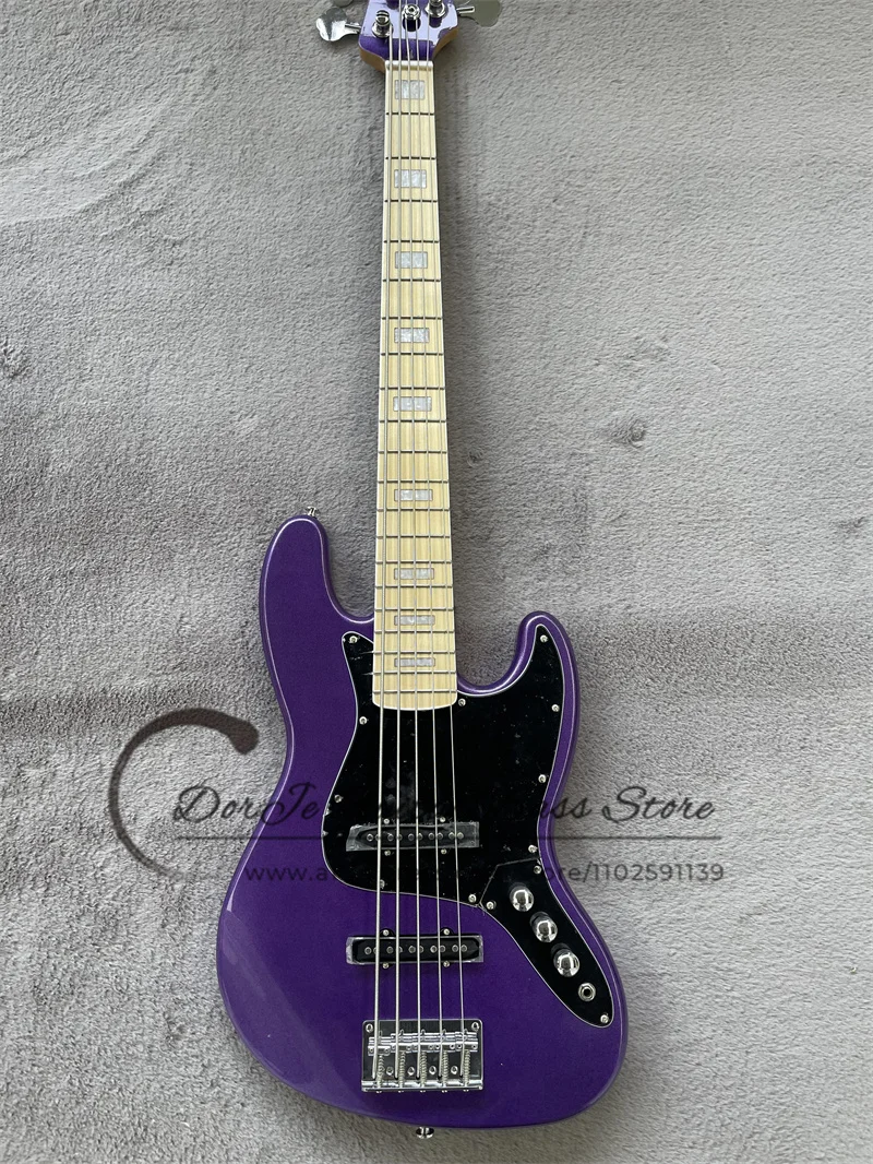 5 Strings Purple Bass Guitar basswood Body Maple Fingerboard Fixed Bridge Black Pickguard 21 Frets