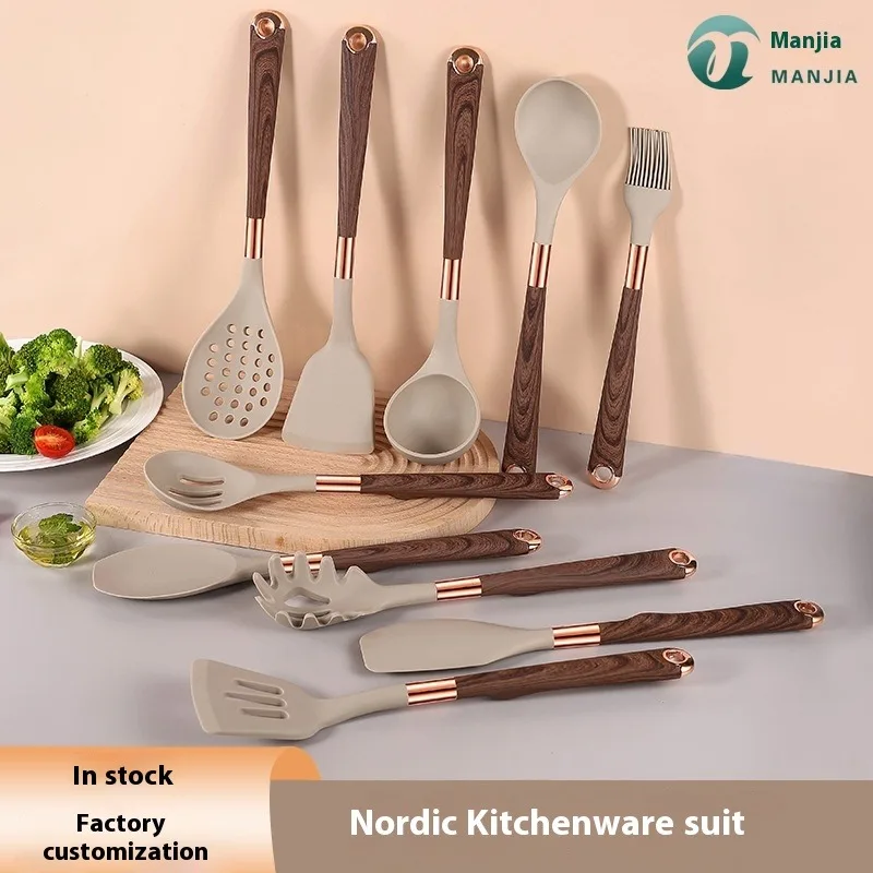 

Силиконовая кухонная утварь, набор из 12 предметов, антипригарные термостойкие инструменты для приготовления пищи, выпечки, дизайн под дерево, мягкая ручка, можно мыть в посудомоечной машине