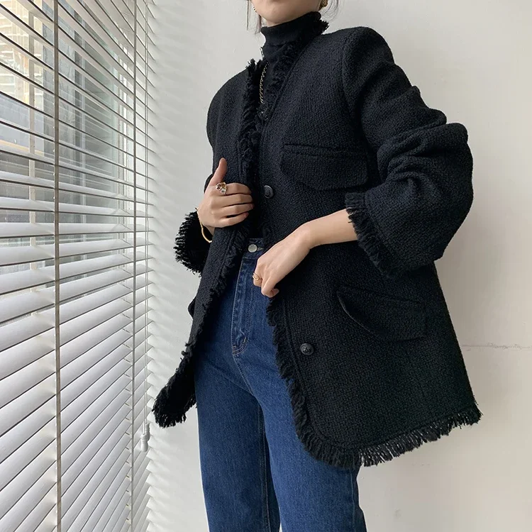 Black Woolen Suit Jakcet Woman 2024 Autumn Winter New Casual Tassel Female Tweed Suit Coat Outwear