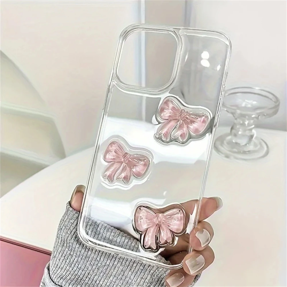 Cute 3D Pink Bowknot Clear Case For iPhone 16 14 12 11 Pro Max 12 MiNi 15 Plus XSX XR 7 8 SE2 Japan Korean Girl Epoxy Soft Case