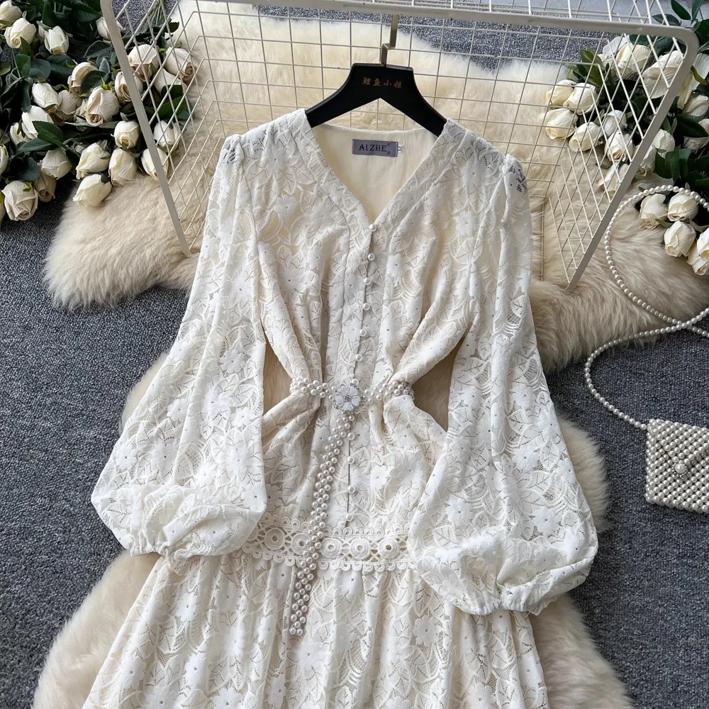 French Elegant Lace Embroidery Hollow Out Women Dress Female V-Neck Single Breasted Pearl Buttons Maxi Dress 2025 Spring Fashion