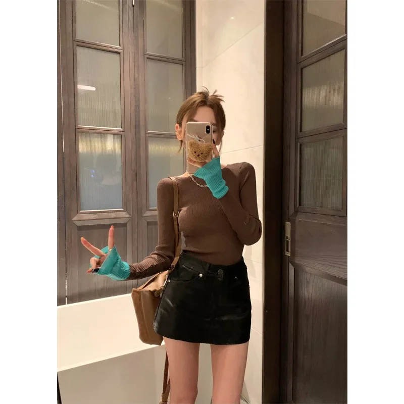 

Винтажные лоскутные женские тонкие эластичные тонкие вязаные топы, осенне-зимние модные пуловеры с круглым вырезом, уличные свитера