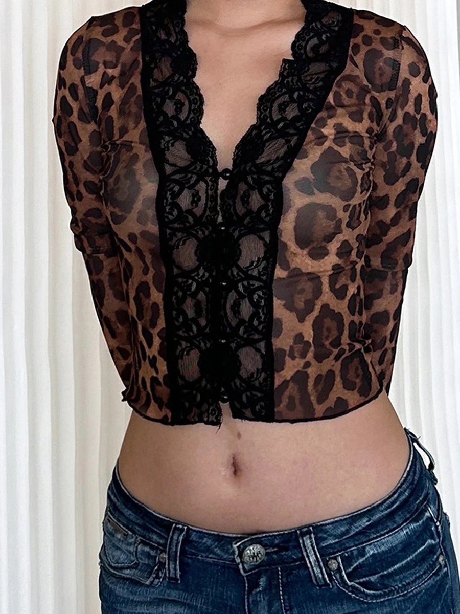 Women s  Fit Leopard Print Lace Patchwork V-Neck Button Down Long Sleeve Blouse for Night Out or Casual Wear