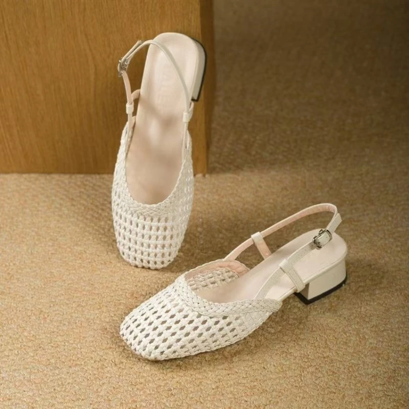 Women Woven Hollow Out Closed Toe Sandals Summer New Soft sole Square Toe Slip On Breathable Block Heel Match The Skirt Sandals