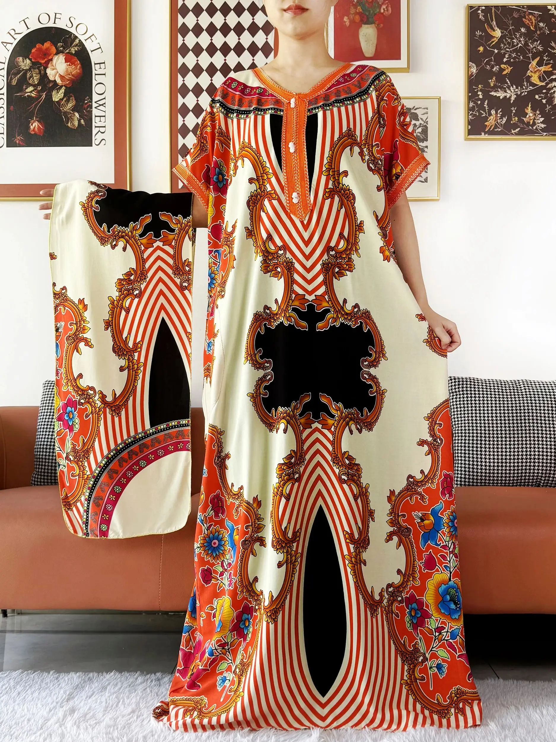 2025 African Women Dress Loose Boubou Maxi Dress Cotton Lace Floral Boubou Islamic Abaya Short Sleeve  Long Gown for Women