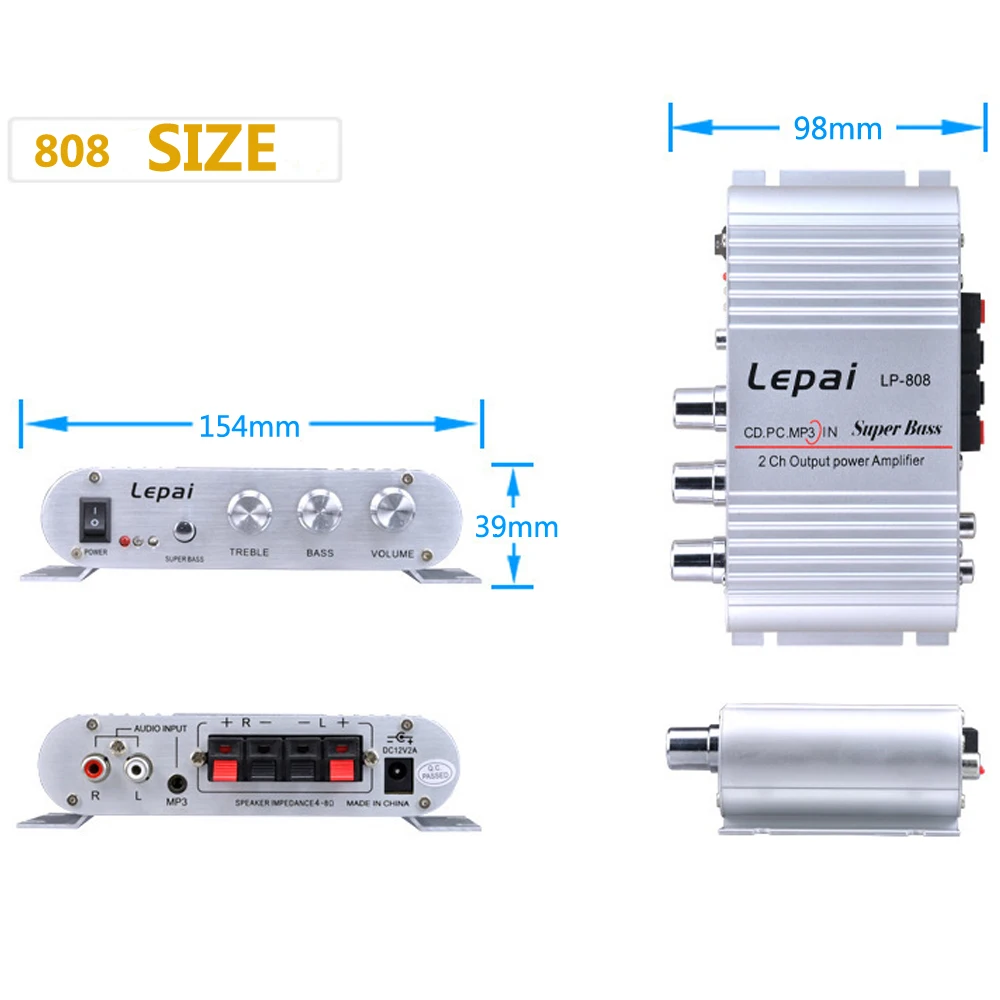 Lepy LP-808 amplificatore digitale hi-fi Car Channel 2.0 Subwoofer Treble/Low/Balance/Volume Control BASS Audio Player AMP