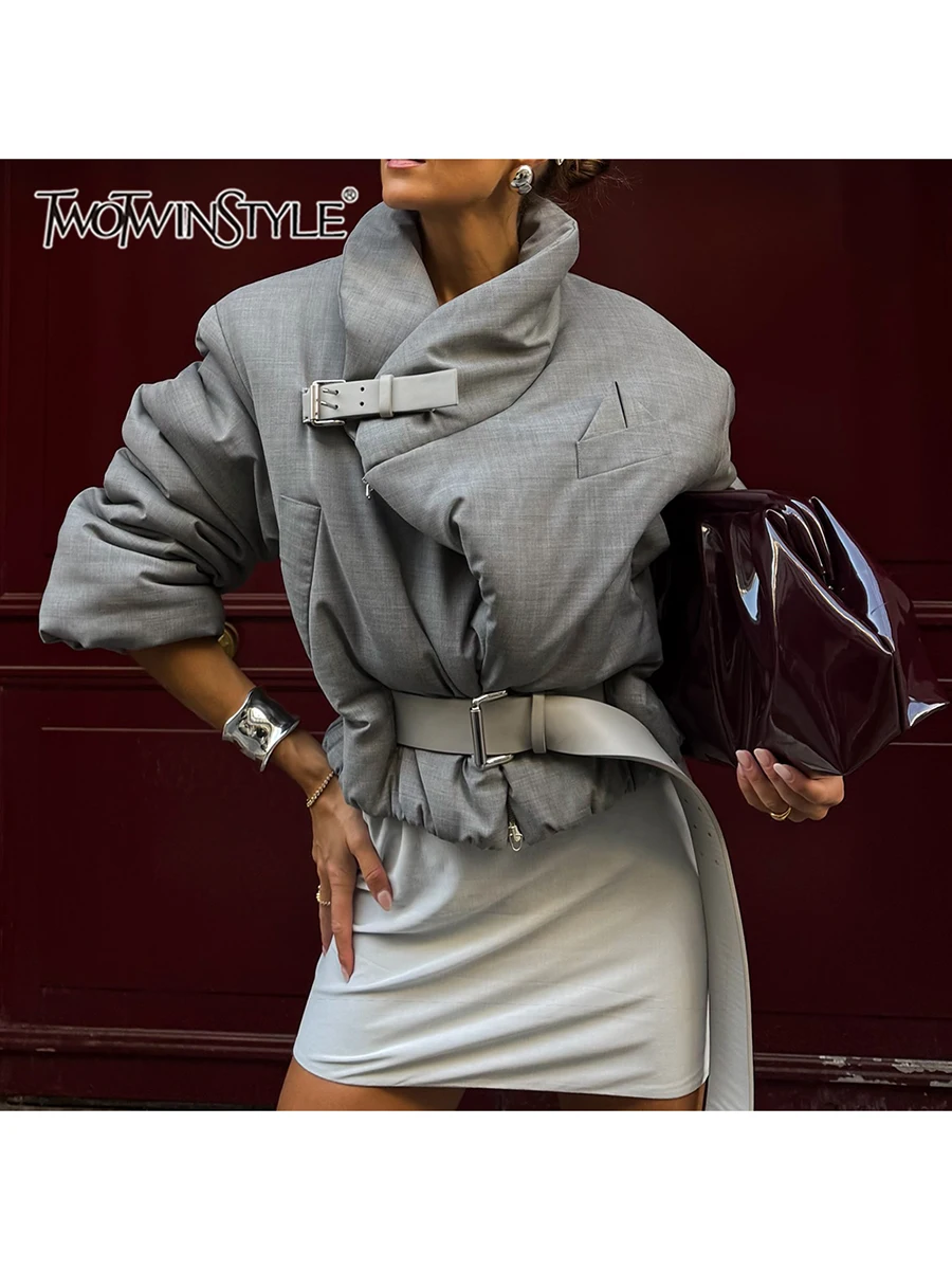 TWOTWINSTYLE Strap Spliced Belt Loose Jacket for Women High Collar Long Sleeve Patchwork Zipper Pocket Causal Jackets Female New
