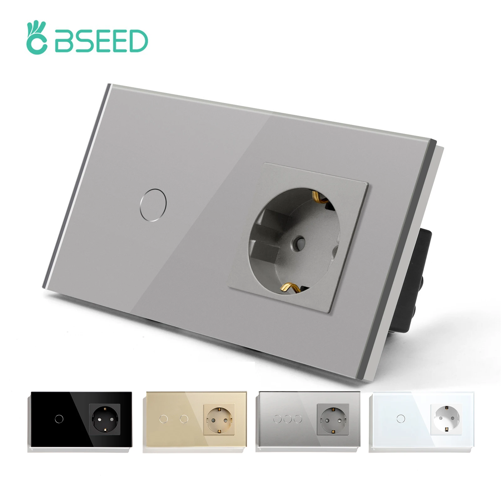 

BSEED Touch Light Switch With EU Wall Socket White Black Golden Wall Sensor Switch 1/2/3Gang 1Way Crystal Glass Panel Backlight