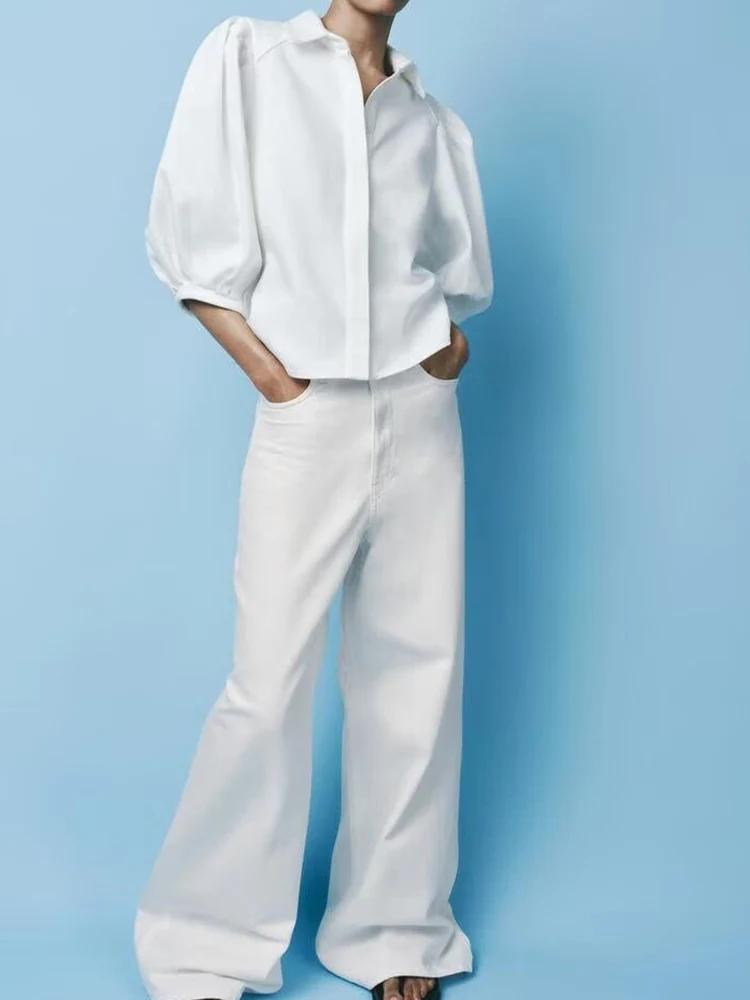 

European and American style women's summer new fashion trend denim lapel puff sleeve shirt wide leg trousers suit