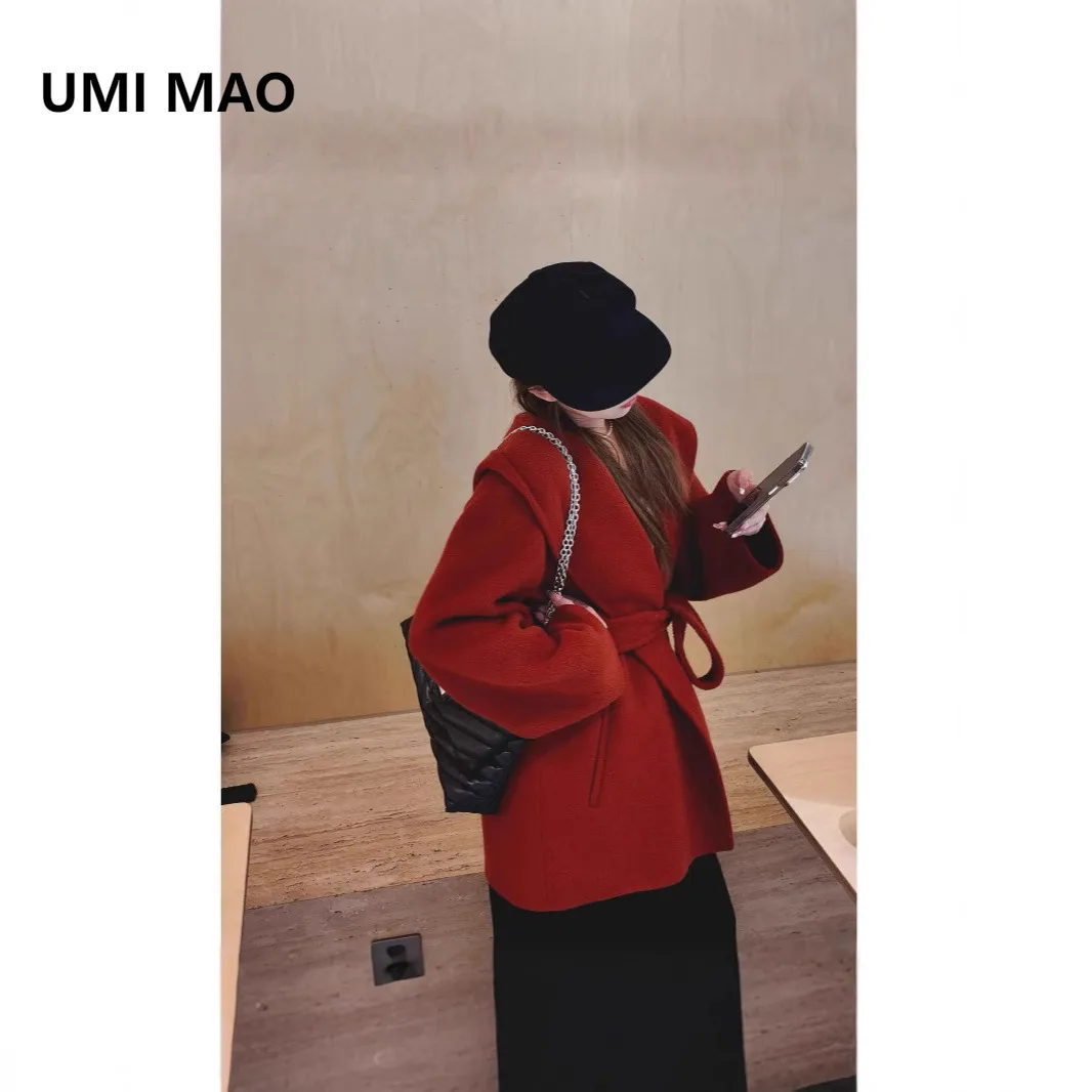 

UMI MAO Camel Wool Coat Red Battle Shirt Korean Style Hooded Cashmere High-end Feel Petite Double-sided Wool Woolen Coat Women