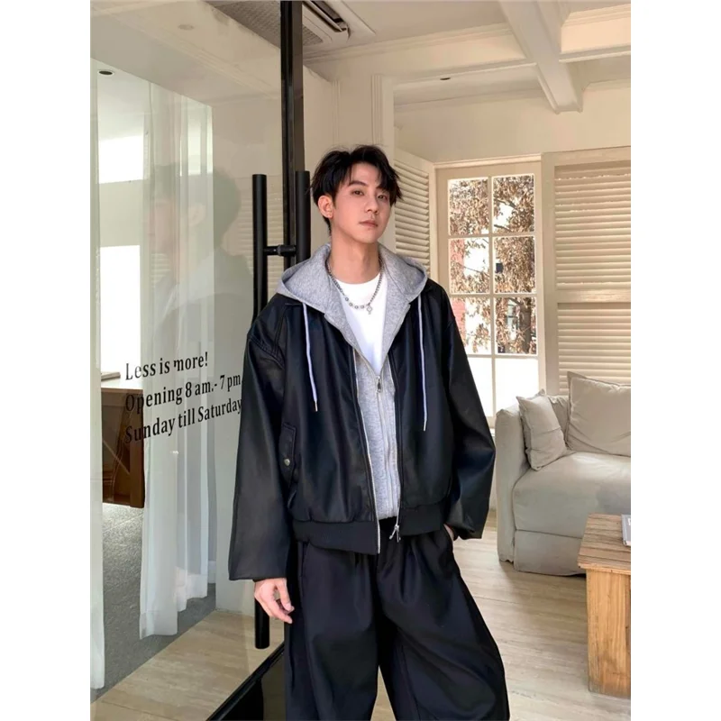 

Korean Sle High-End PU Leather Jaet Men's Loose Casual Versatile Motorcycle Jaet Windproof Five Sve Long Other Material