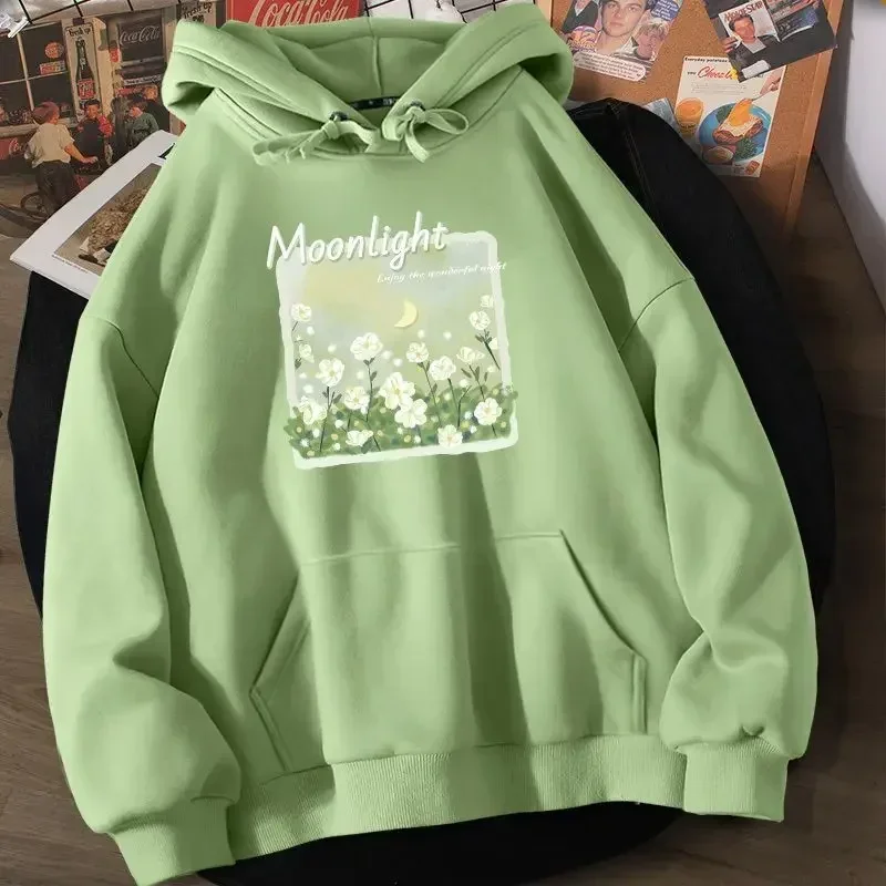 

Autumn Winter Simple Floral Hooded Drawstring Loose Printing Female Hoodies Street Basic Casual Pocket Y2k Fashion Women Hoodies