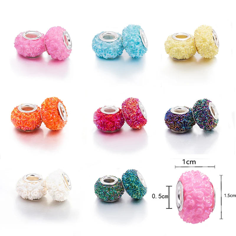 2Pcs/Lot colored beads, large hole, loose beads, flower beads, colored AB resin, DIY bead jewelry