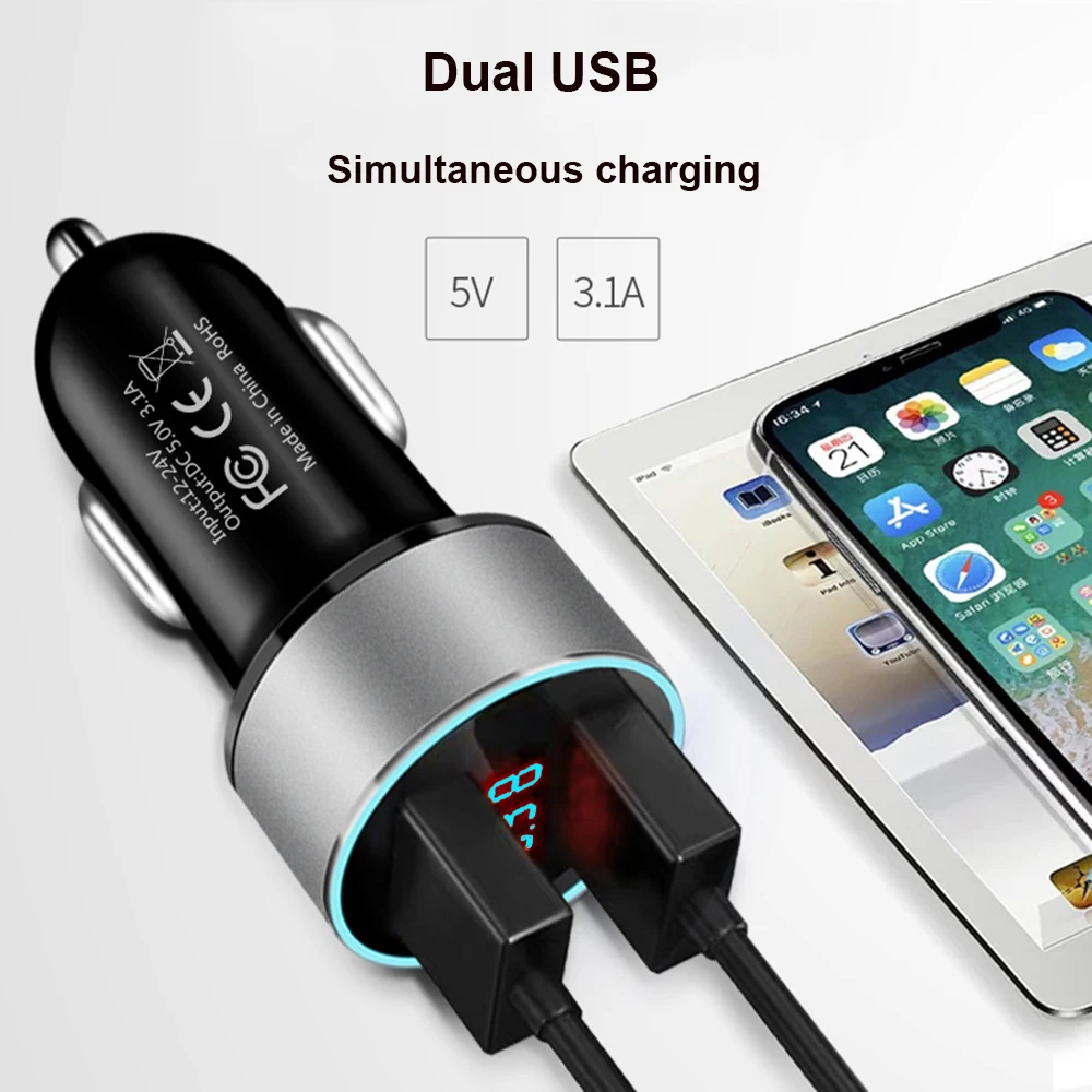 المزدوج USB شاحن سيارة محول سيارة ولاعة السجائر LED الفولتميتر لجميع أنواع شاحن الهاتف المحمول الذكية المزدوج USB شحن سريع