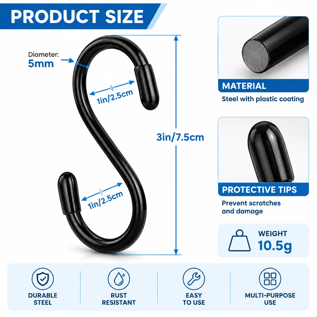 3Inch S Hook for Hanging Plants 30 Pack Non Slip Heavy Duty Steel Metal Black Closet S Hook for Kitchen Pot Pan Cups Towels